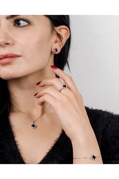 RevSilver Yonca Tasarım Siyah Mineli Set 925 Ayar Gümüş Kadın Takım Kolye Yüz...