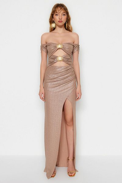 Trendyol Collection X Zeynep Tosun Světle béžové Sun příslušenství Detailní večerní a maturitní šaty TCLSS23AE00002