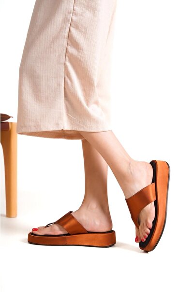 Capone Outfitters Capone Flat Heeled Flip Flops Comfort Satin Fashion Copper Women's Slippers