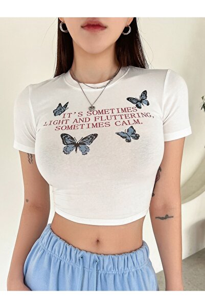 Jose Clothing Γυναικεία Crop μπλούζα με κοντομάνικο εμπριμέ σε λευκό χρώμα