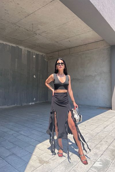 Seda Yalçın Atelier Black Deep Slit Ruffle Detail Skirt