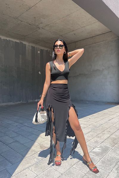 Seda Yalçın Atelier Black Deep Slit Ruffle Detail Skirt