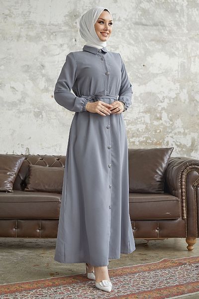 InStyle Linny Buttoned Shirt Collar Abaya - Grey