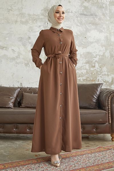 InStyle Linny πουκάμισο με κουμπιά γιακά Abaya - Καφέ