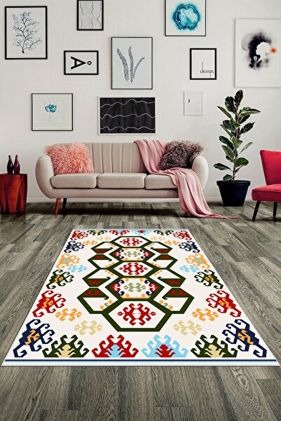 on the clouds Etnik Dokuma Kilim Petek Desen Dijital Baskılı Yıkanabilir Kaym...