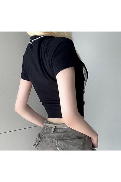 Köstebek Trendy Crop T-Shirt - Stripe Detailed, More Rock