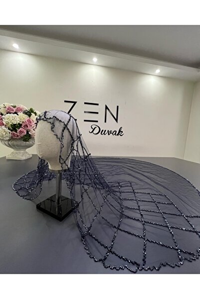 ZEN DUVAK Lacivert kapitone nakışlı kasnak gelin duvağı