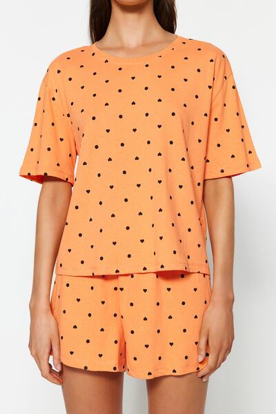 Trendyol Collection 100% Cotton Orange Polka Dot and Heart Shorts Sleepwear Set Thmss21Pt1485