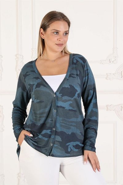 Seamoda Camouflage Pattern Detailed Comfortable Buttoned Plus Size Women's Cardigan-blue
