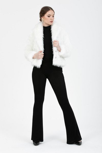 Lisirru Women's White Long Fur Lined Short Length Shawl Collar Faux Fur Plush Coat