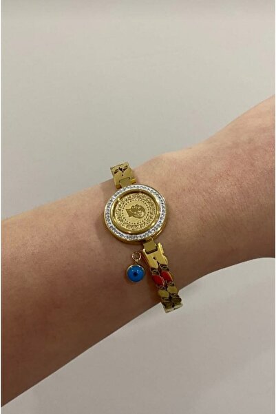 Goldline Çelik Kelepçe Bileklik Çeyrekli Nazar Boncuklu Gold Özel Tasarım