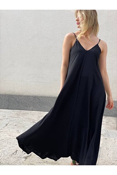 mavi pencere Keten Ip Askılı, Iç Göstermeyen, Midi Boy Elbise