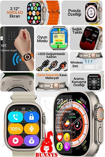 Bunnys Apple iPhone 11 Pro Max Uyumlu Akıllı Saat HK8 PRO MAX AMOLED EKRAN Wa...