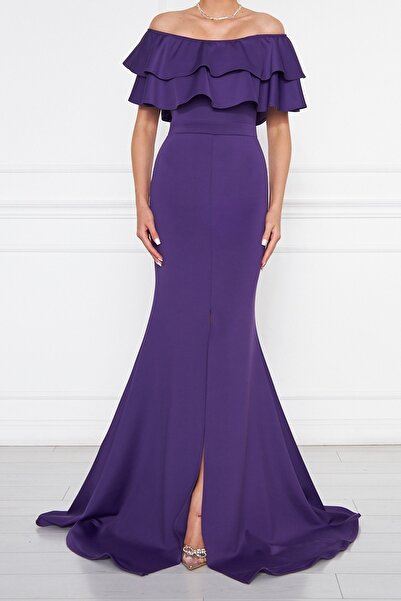 bayansepeti فستان نسائي مرن من قماش سكوبا بكتف منخفض وتفاصيل فتحة طويلة وطول طويل موديل السمكة باللون الأرجواني 164