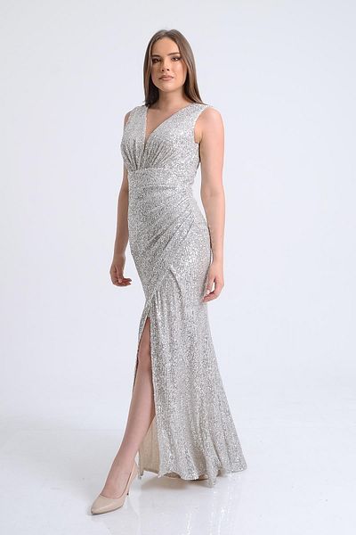 SpringStore Rochie de seara cu paiete cu fanta bej