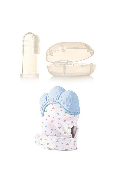 Babyjem قفاز عضاضة أزرق + فرشاة أسنان للأطفال - مع صندوق تخزين