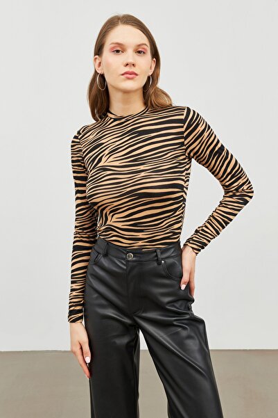 Bukamiss Body de damă Camel Zebra cu guler rotund