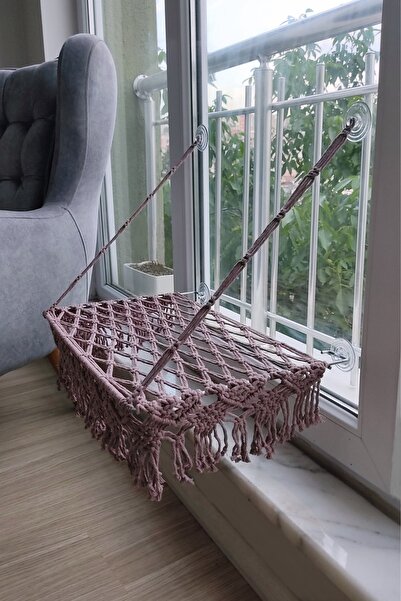 TREND Makrome Vantuzlu Hamak Cam Kedi Yatağı (Gül Grisi)