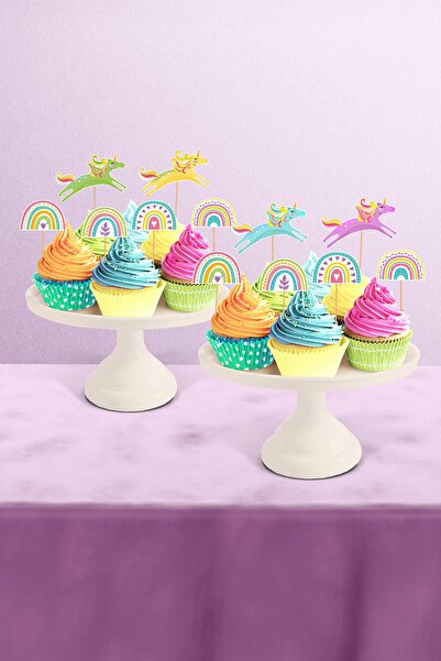 Hey Parti Unicorn ve Gökkuşağı Temalı 12’li Cupcake Süsü