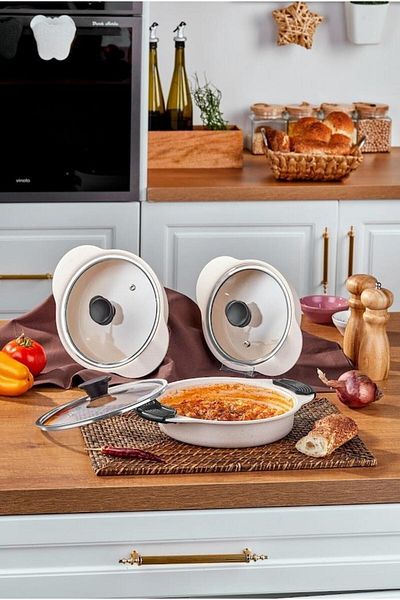 Taç Granit Plus 3-Piece Saucepan Set Removable Silicone Handle Cream