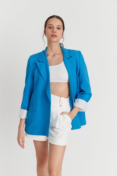 Laluvia Blau gestreifte, gefütterte Leinenjacke von Saks