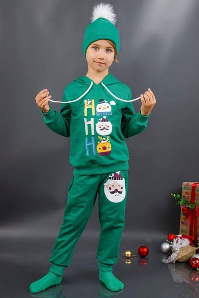 Riccotarz Girl's Boy's Ho Ho Printed Rope Detailed Green Tracksuit with Hoodie and Beret