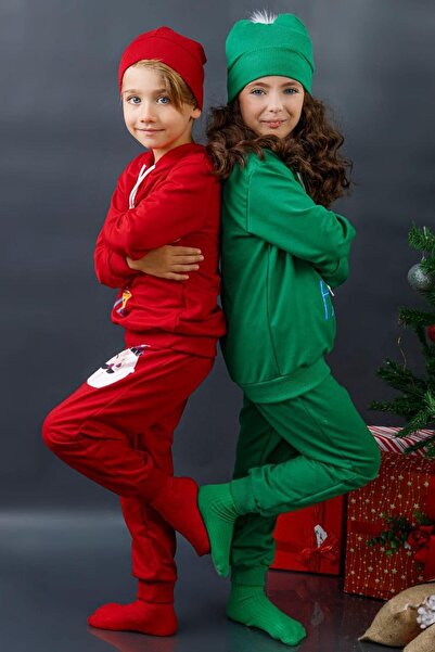 Riccotarz Girl's Boy's Ho Ho Printed Rope Detailed Green Tracksuit with Hoodie and Beret