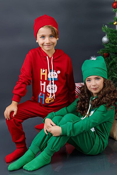 Riccotarz Girl's Boy's Ho Ho Printed Rope Detailed Green Tracksuit with Hoodie and Beret