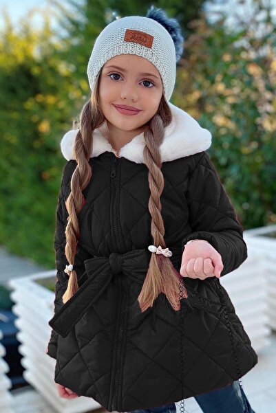 Riccotarz Girl's Fur Collar, Plush Bag, Quilted Black Coat