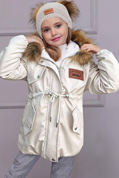 Riccotarz Γούνινο παλτό για κορίτσι με κουκούλα με τσέπες και λεπτομέρεια σχοινί και σετ μπεζ τοπ και κάτω