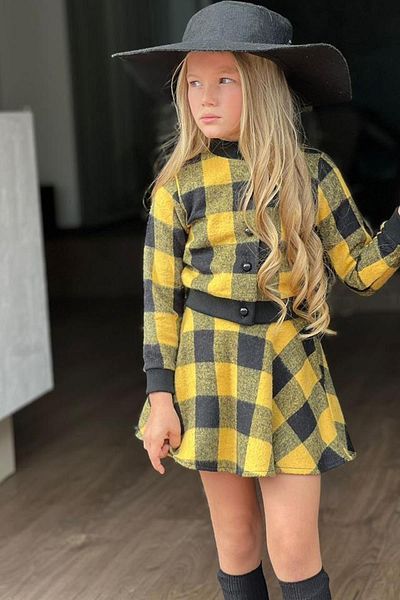 Riccotarz Lánykalap és négyzetmintás sárga szoknya öltöny 3-12 éves korig