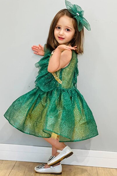 Riccotarz Girl's Frill Detailed Stone Embroidered Glitter Water Green Evening Dress Age 3-11