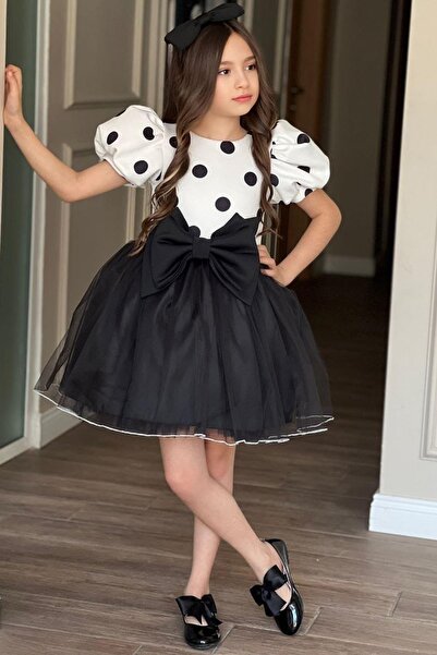 Riccotarz Girl's Balloon Sleeve Polka Dot Skirt Fluffy Tulle Bow Detailed Black Dress 2-12 Years