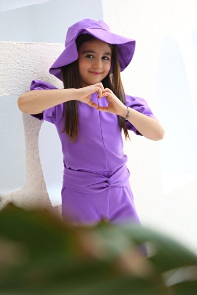 Riccotarz Girl's Half Sleeve Purple Jumpsuit with Belt Detail and Hat