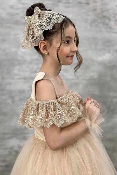 Riccotarz Girl's Beige Evening Dress with Transparent Collar, Off-the-Shoulder, Guipure Embroidered Chest and Sleeves