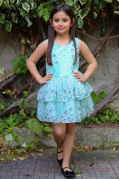 Riccotarz Girl's Flower Printed Skirt Katkat Tulle Zero Sleeve Turquoise Dress