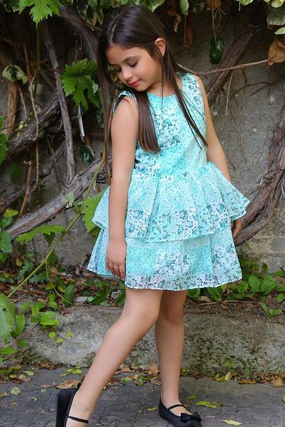 Riccotarz Girl's Flower Printed Skirt Katkat Tulle Zero Sleeve Turquoise Dress