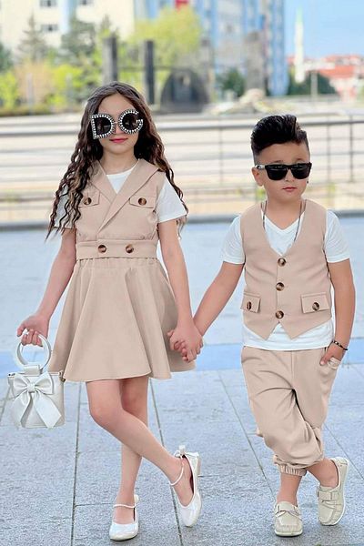 Riccotarz Girl's Waist Cuffed Button Detailed Vest Beige Skirt Suit Age 3-12