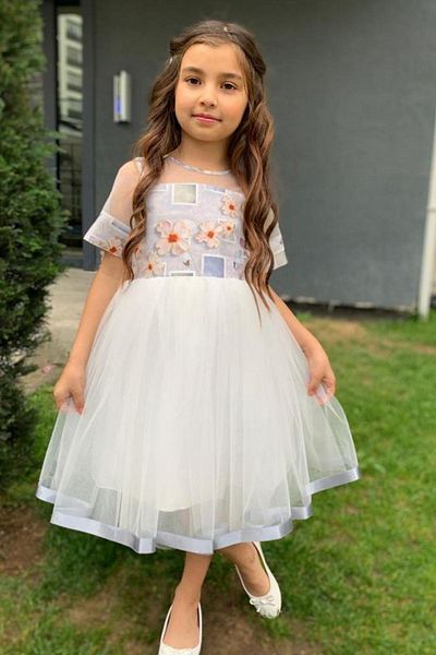 Riccotarz Κοριτσίστικο φόρεμα από τούλι Daisy μοτίβο γκρι με λεπτομέρεια από κορδέλα στο στρίφωμα