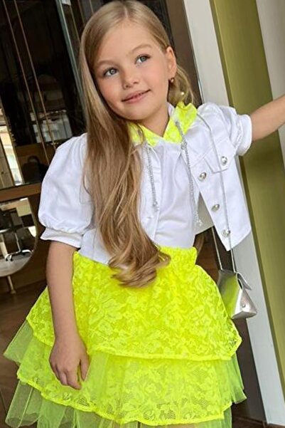 Riccotarz Girl's Guipure Embroidered Hooded Layered Tulle Neon Yellow Skirt Suit