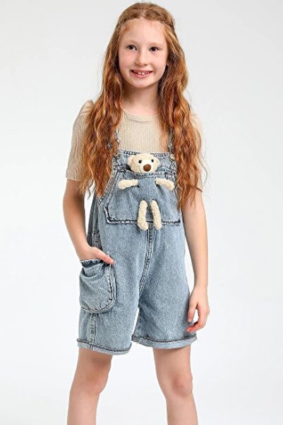 Riccotarz Girl's Teddy Bear Pocket Detailed Strappy Denim Jumpsuit