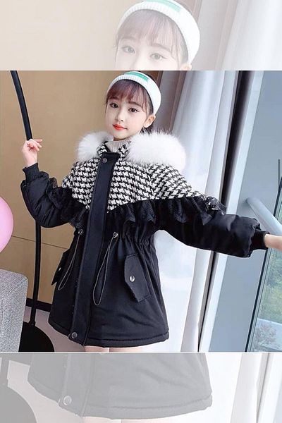 Riccotarz Girl's Houndstooth Patterned Lace Detailed Fur Hooded Black Coat