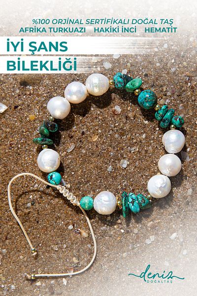 Deniz Doğal Taş Good Luck Bracelet - Certified Natural Stone, African Turquoise, Pearl, Hematite