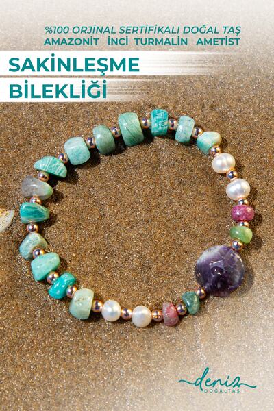 Deniz Doğal Taş Sertifikalı Doğal Taşlı Sakinleşme Bilekliği, Amazonit, İnci,...