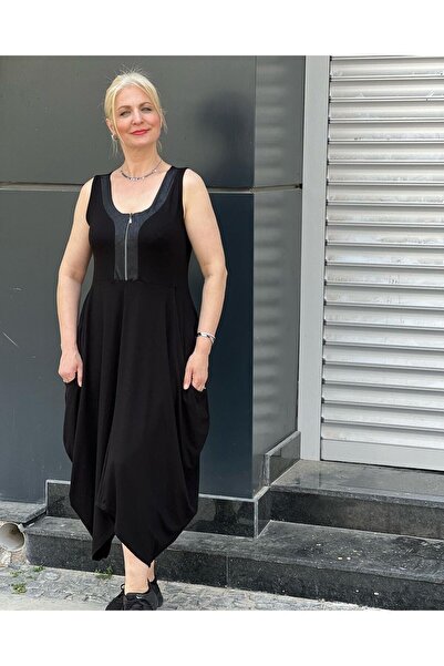 NUR TEKSTİL Kadın Siyah Viskon Pamuklu Penye kolsuz Önü Fermuarlı Şalvar Elbise