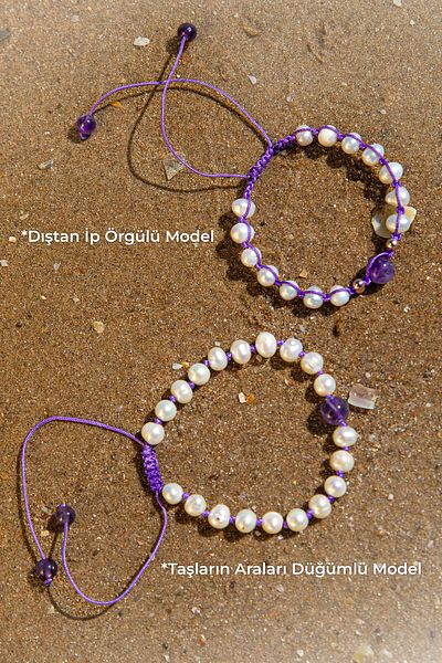 Deniz Doğal Taş Certified Natural Stone Female Energy-Filled Positive Spirit Bracelet, Pearl, Amethyst, Hematite