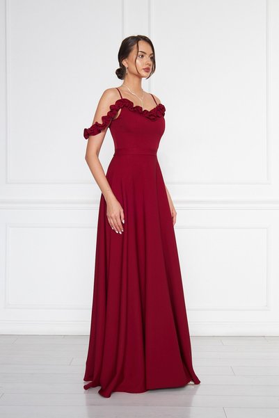 NO48 Burgundy Ruffle Collar Detail Adjustable Straps Woven Fabric Maxi Flared Evening Dress
