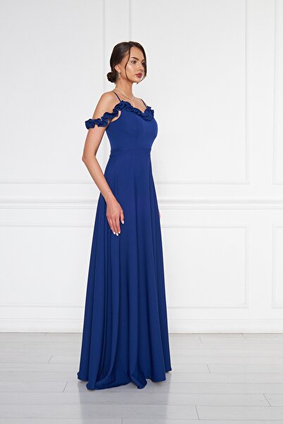 NO48 Sax Mavi Fırfır Yaka Detay Ayarlanabilir Askılı Dokuma Kumaş Maxi Kloş Abiye Elbise