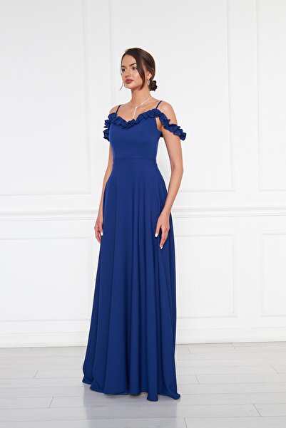 NO48 Sax Mavi Fırfır Yaka Detay Ayarlanabilir Askılı Dokuma Kumaş Maxi Kloş Abiye Elbise