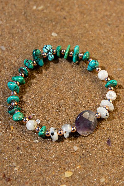 Deniz Doğal Taş Natural Stone Certified Evil Eye and Belt Eye Bracelet - Turquoise, Amethyst, Moonstone, Hematite